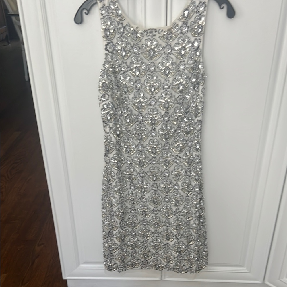 Adrianna Papell Silver Sequin Sheath Mini Dress